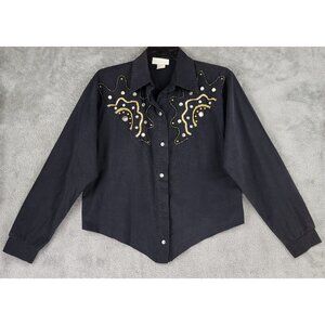 Jordana Shirt Womens Small Black Gold Embellished Button Up Long Sleeve Vintage